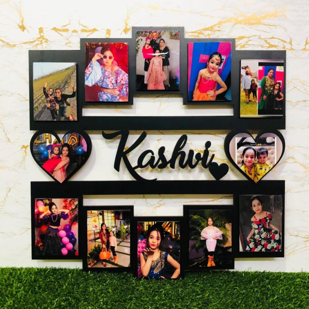 Wooden wall frame with 12 pictures