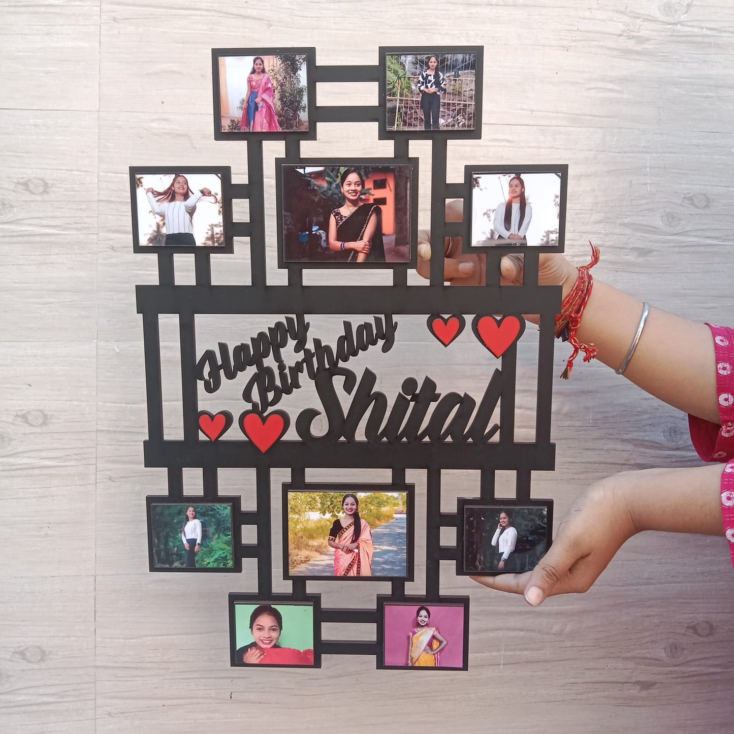 WOODEN WALL HANGING WITH 10 PICTURES