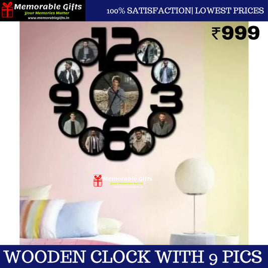 Wooden clock with 9 pics