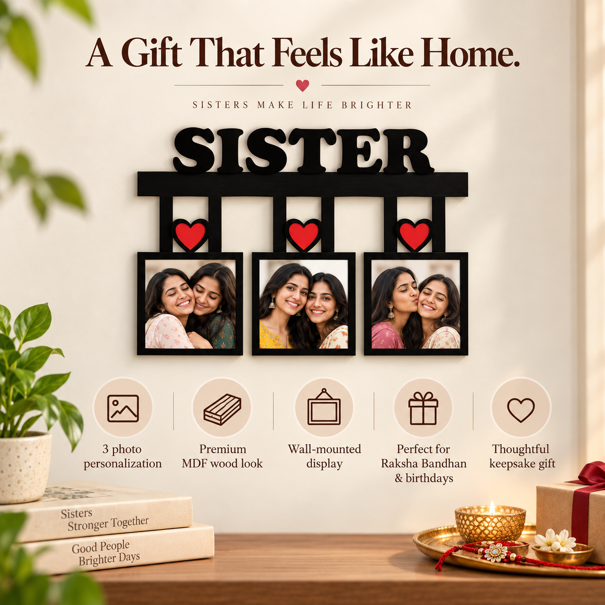 Sister Wall Frame With 3 Pictures Rakhi