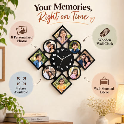 Wooden clock with 8 pics