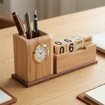 Giftiliya Wooden Pen Stand with Clock and Calendar