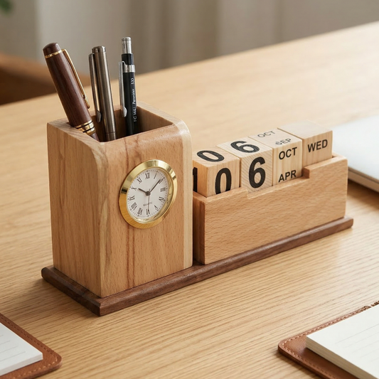 Giftiliya Wooden Pen Stand with Clock and Calendar
