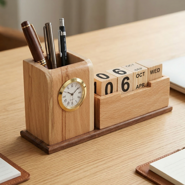 Giftiliya Wooden Pen Stand with Clock and Calendar
