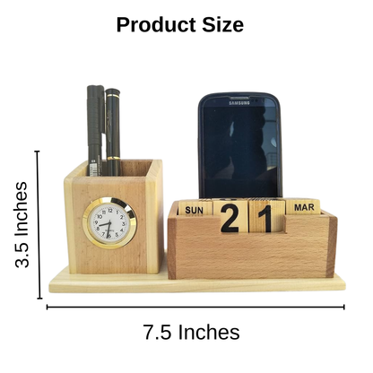Giftiliya Wooden Pen Stand with Clock and Calendar