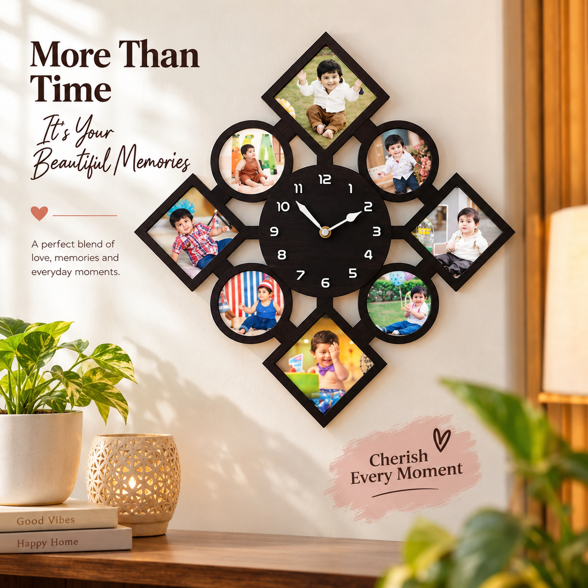 Wooden clock with 8 pics