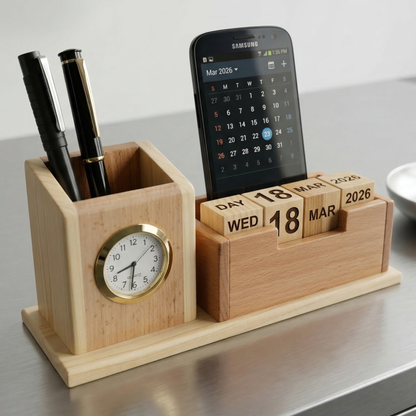 Giftiliya Wooden Pen Stand with Clock and Calendar