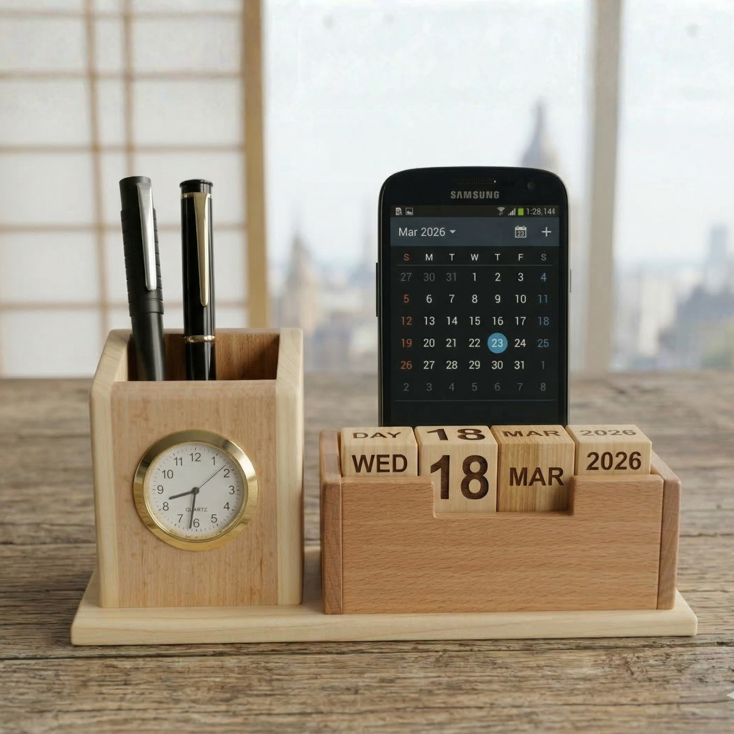 Giftiliya Wooden Pen Stand with Clock and Calendar