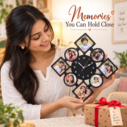 Wooden clock with 8 pics