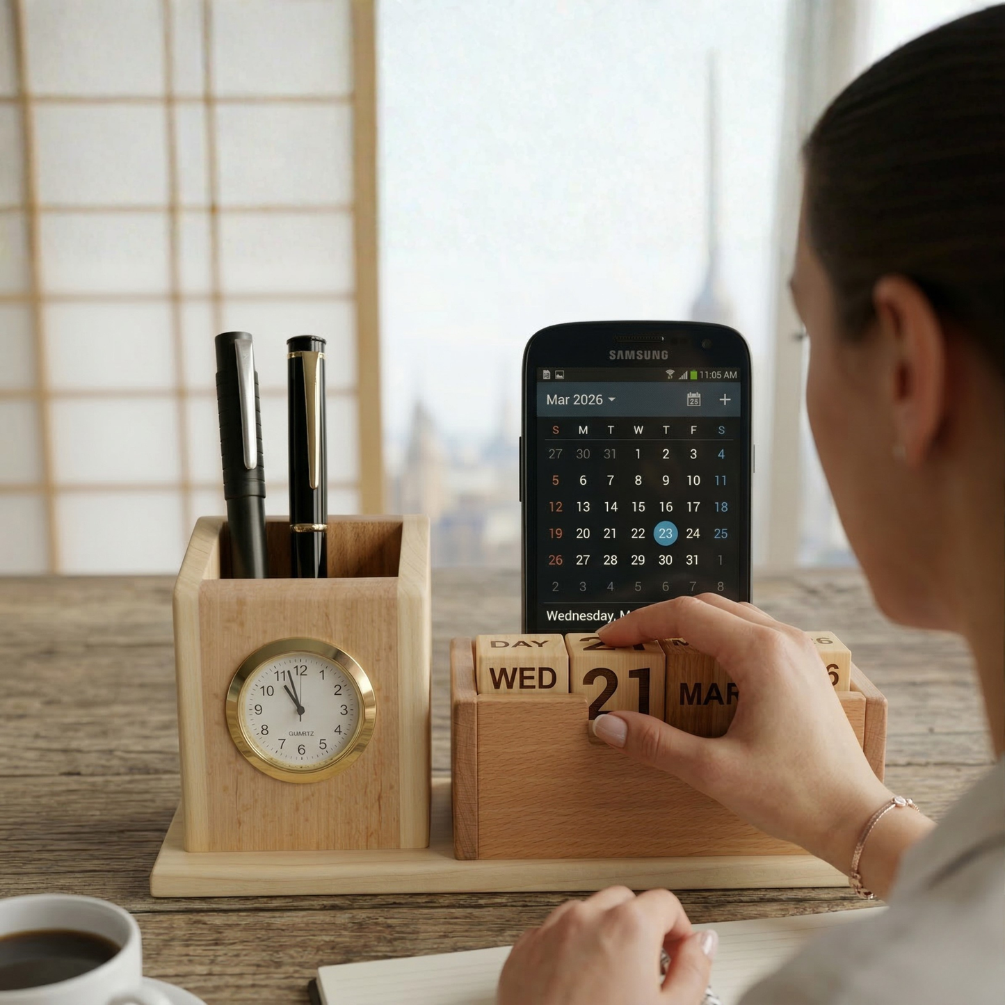 Giftiliya Wooden Pen Stand with Clock and Calendar