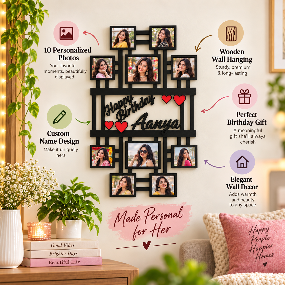 WOODEN WALL HANGING WITH 10 PICTURES