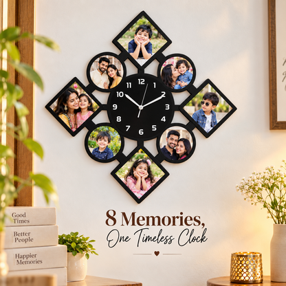 Wooden clock with 8 pics