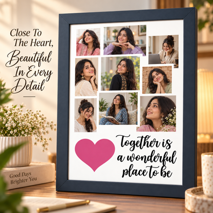 Close-up of personalized 9 pictures frame with heart design