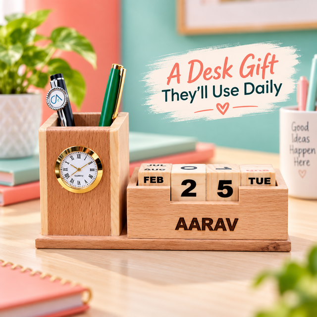 Giftiliya Wooden Pen Stand with Clock and Calendar