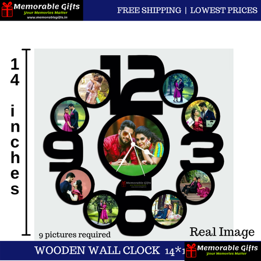 Wooden clock with 9 pics