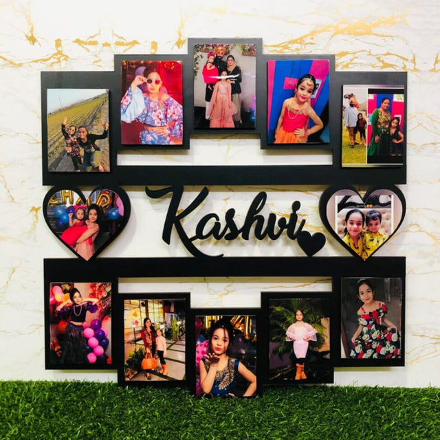 Wooden wall frame with 12 pictures