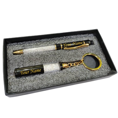 Silver Metal Crystal Pen and Keychain Set