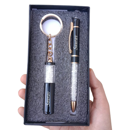 Silver Metal Crystal Pen and Keychain Set