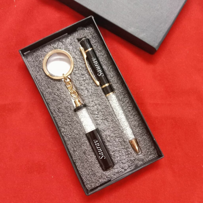 Silver Metal Crystal Pen and Keychain Set