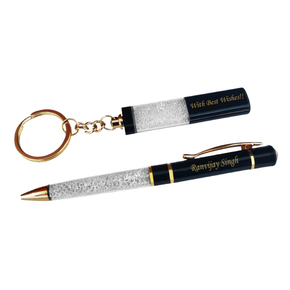 Silver Metal Crystal Pen and Keychain Set