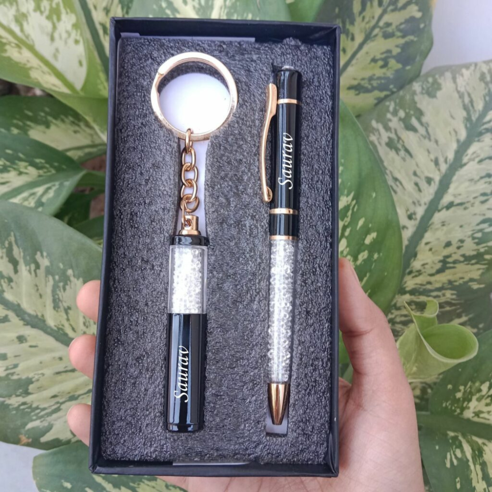 Silver Metal Crystal Pen and Keychain Set