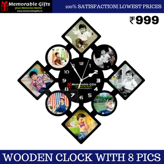 Wooden clock with 8 pics