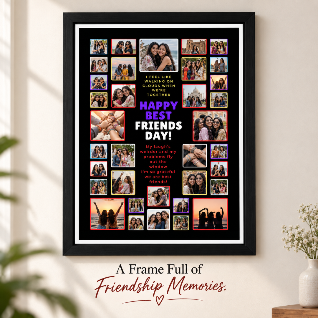 Close view of a personalized 35-photo friendship collage frame