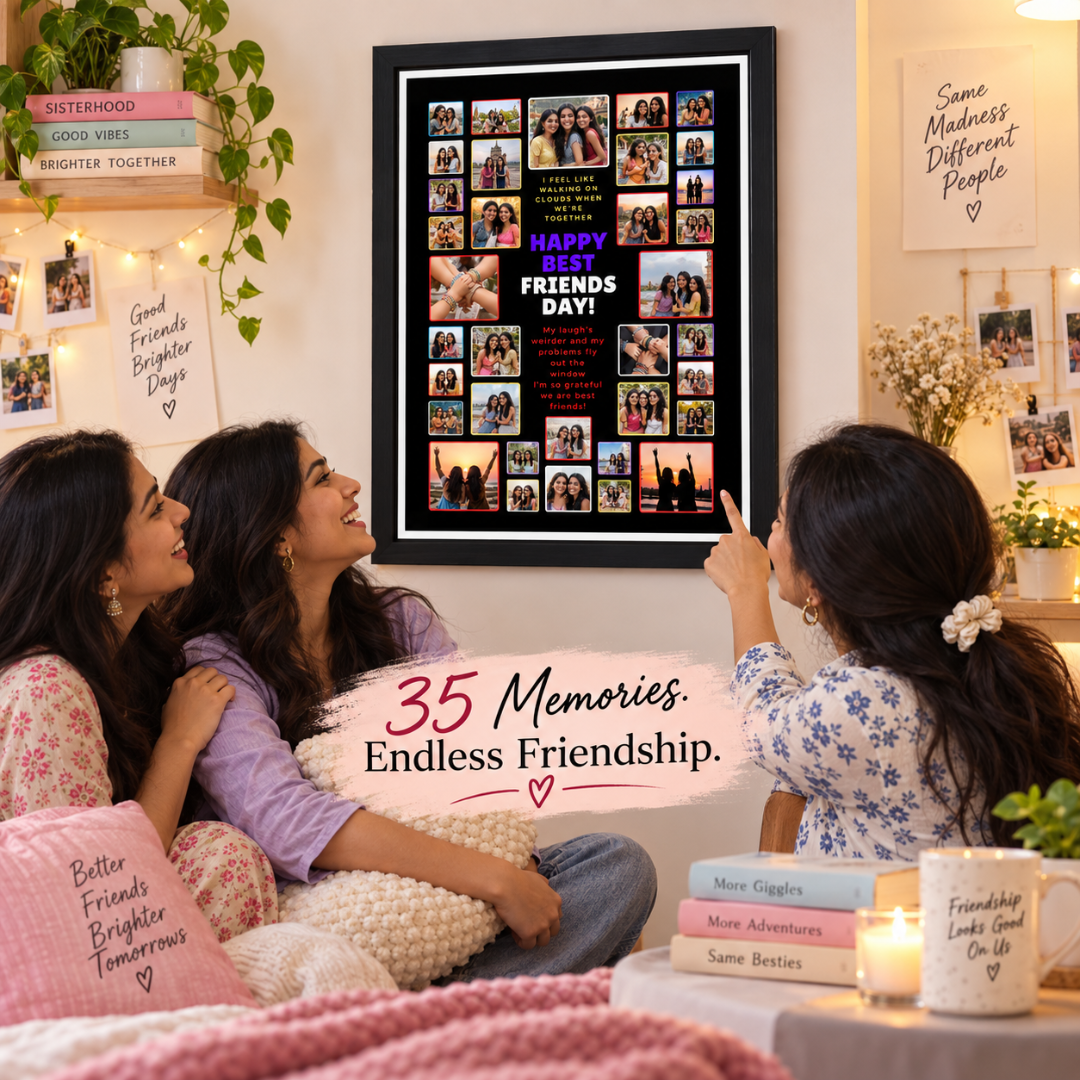 Three friends admiring a 35-photo friendship wall frame