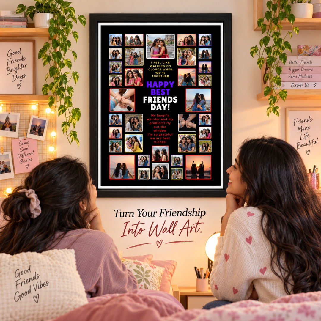Two friends viewing a friendship collage on the wall