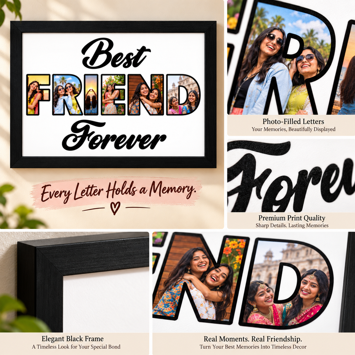 Best Friend Forever frame photo-filled lettering and black frame details