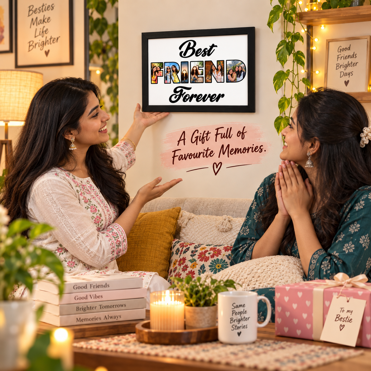 Friends sharing a personalized Best Friend frame gift