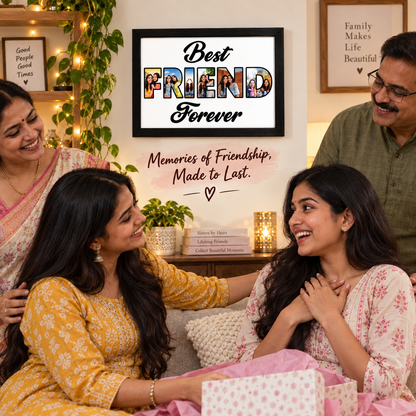 Family and friends celebrating with a Best Friend Forever frame