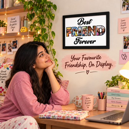 Woman admiring a Best Friend Forever photo frame