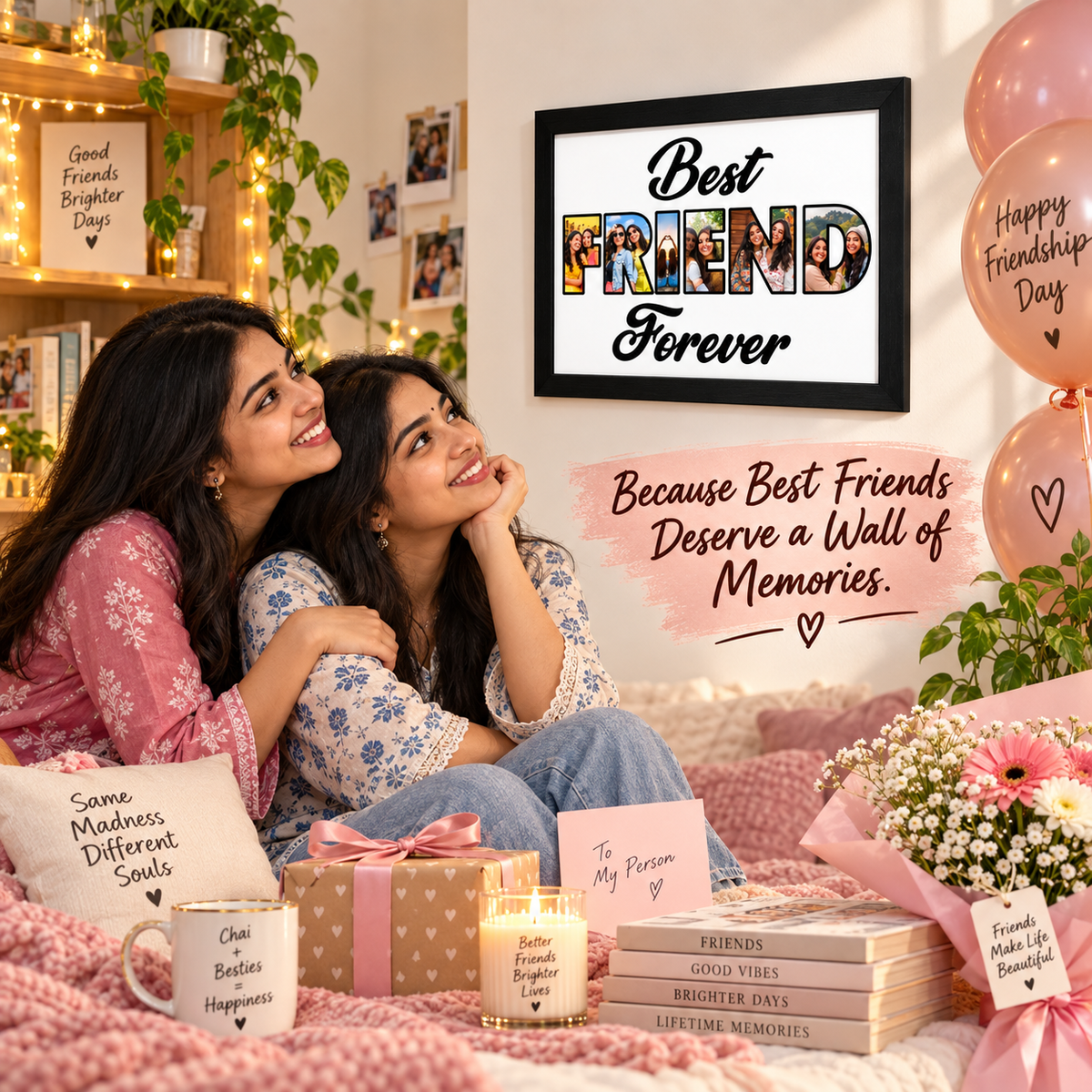 Friends celebrating Friendship Day with a personalized frame