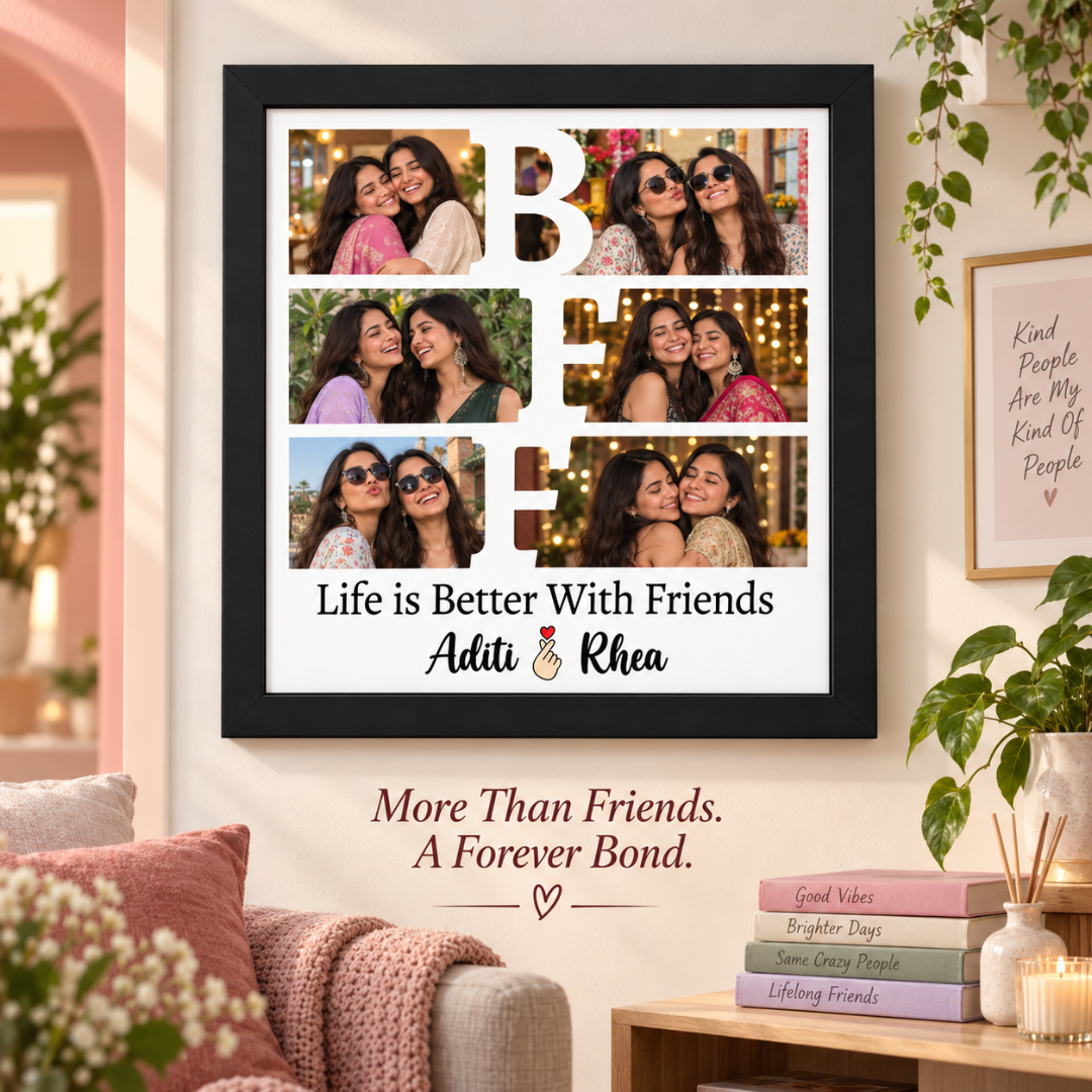 Personalized BFF photo frame displayed on a warm-toned living room wall