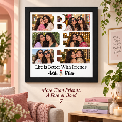 Personalized BFF photo frame displayed on a warm-toned living room wall