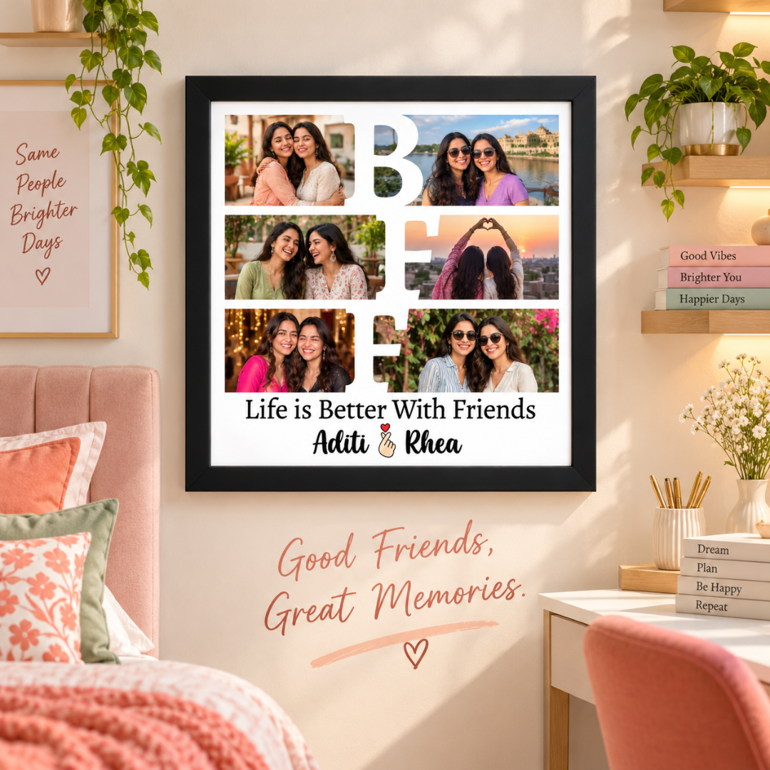 BFF photo collage frame with custom names in a cozy room