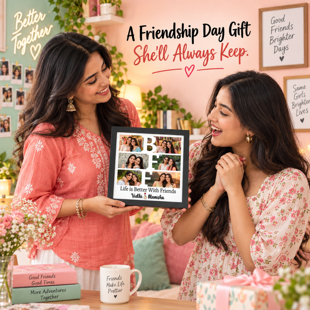 Friendship Day gift exchange featuring a personalized BFF frame
