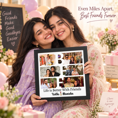 Two friends holding a BFF photo frame at a farewell celebration