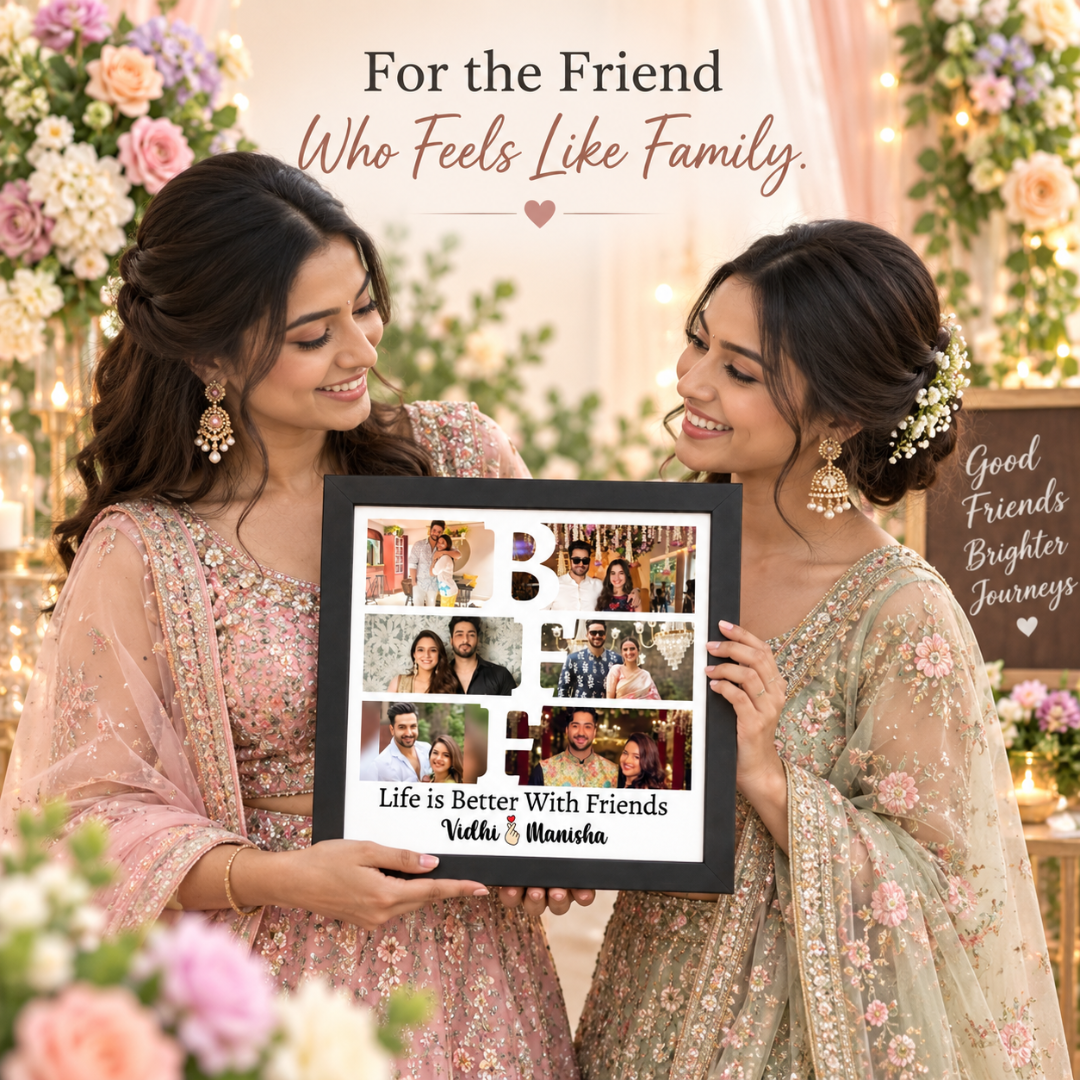 Two friends displaying a personalized BFF photo frame