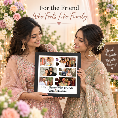 Two friends displaying a personalized BFF photo frame
