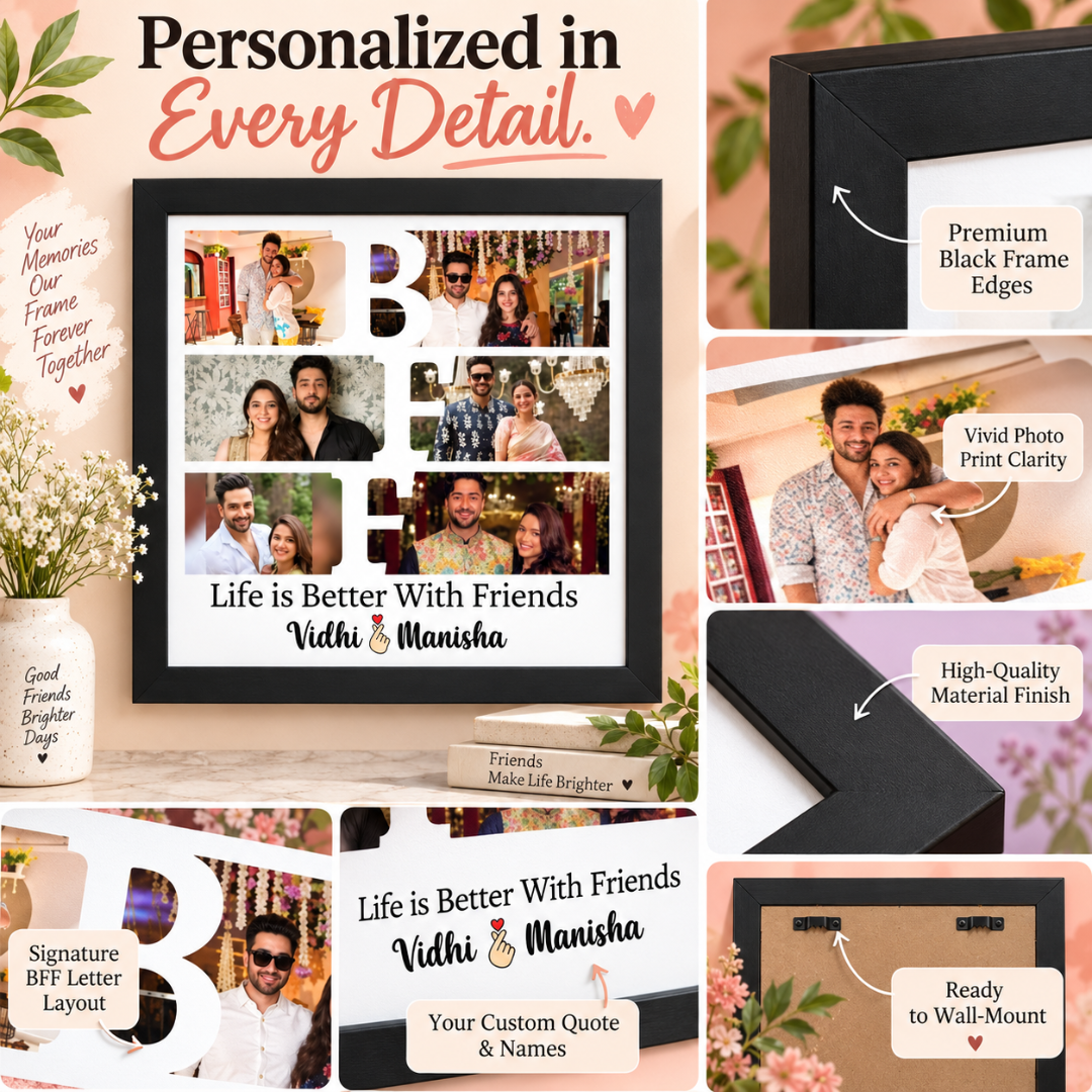 BFF photo frame close-ups of edges, print, names and wall mounts