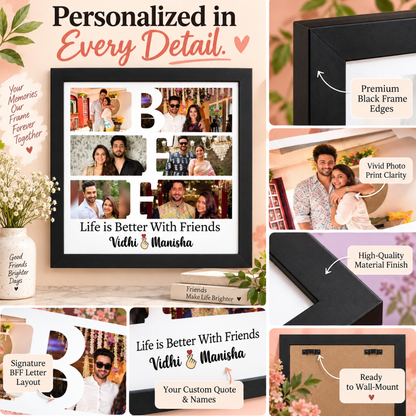 BFF photo frame close-ups of edges, print, names and wall mounts