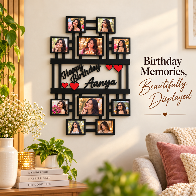 WOODEN WALL HANGING WITH 10 PICTURES