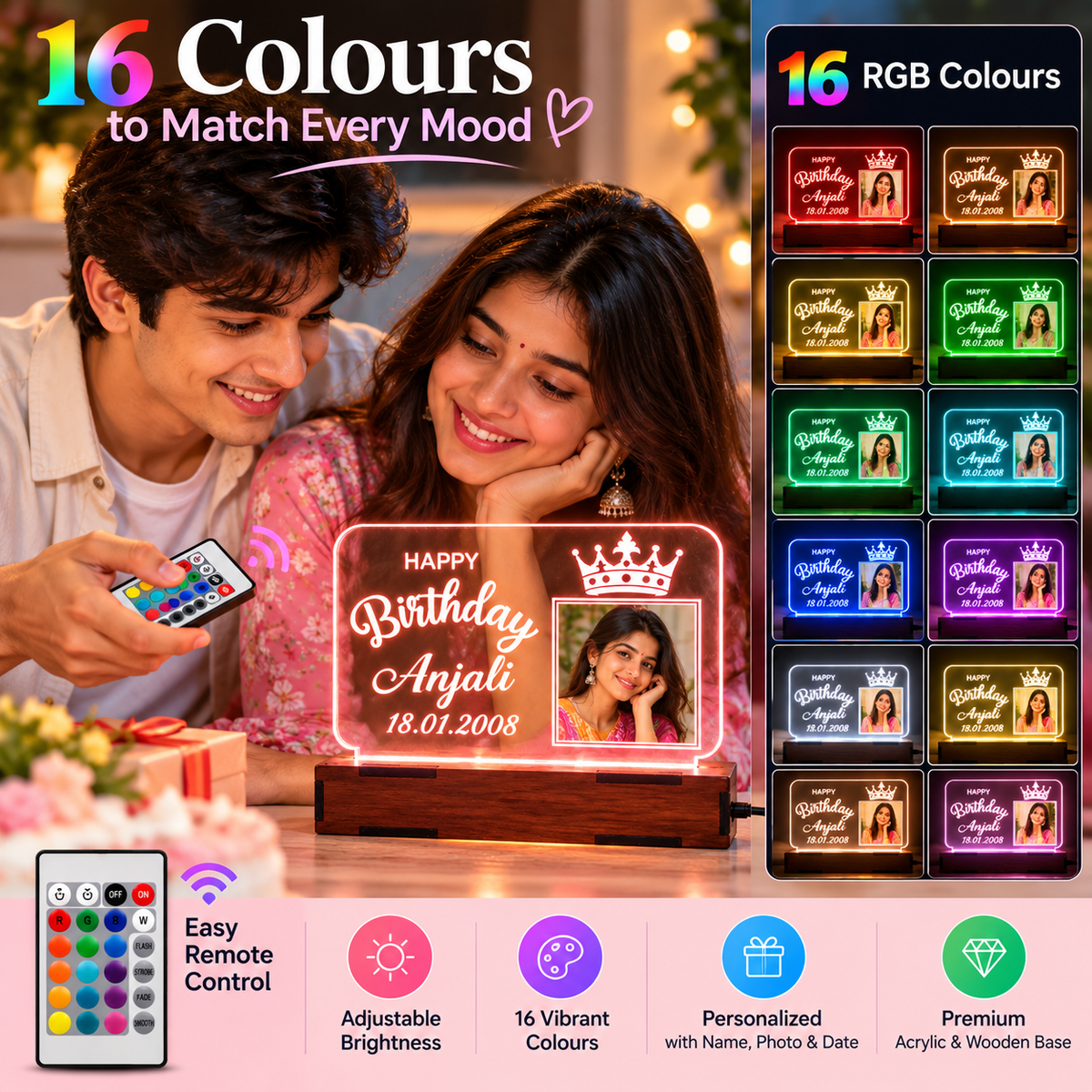 Multicolour birthday lamp showing 16 RGB colours and remote control