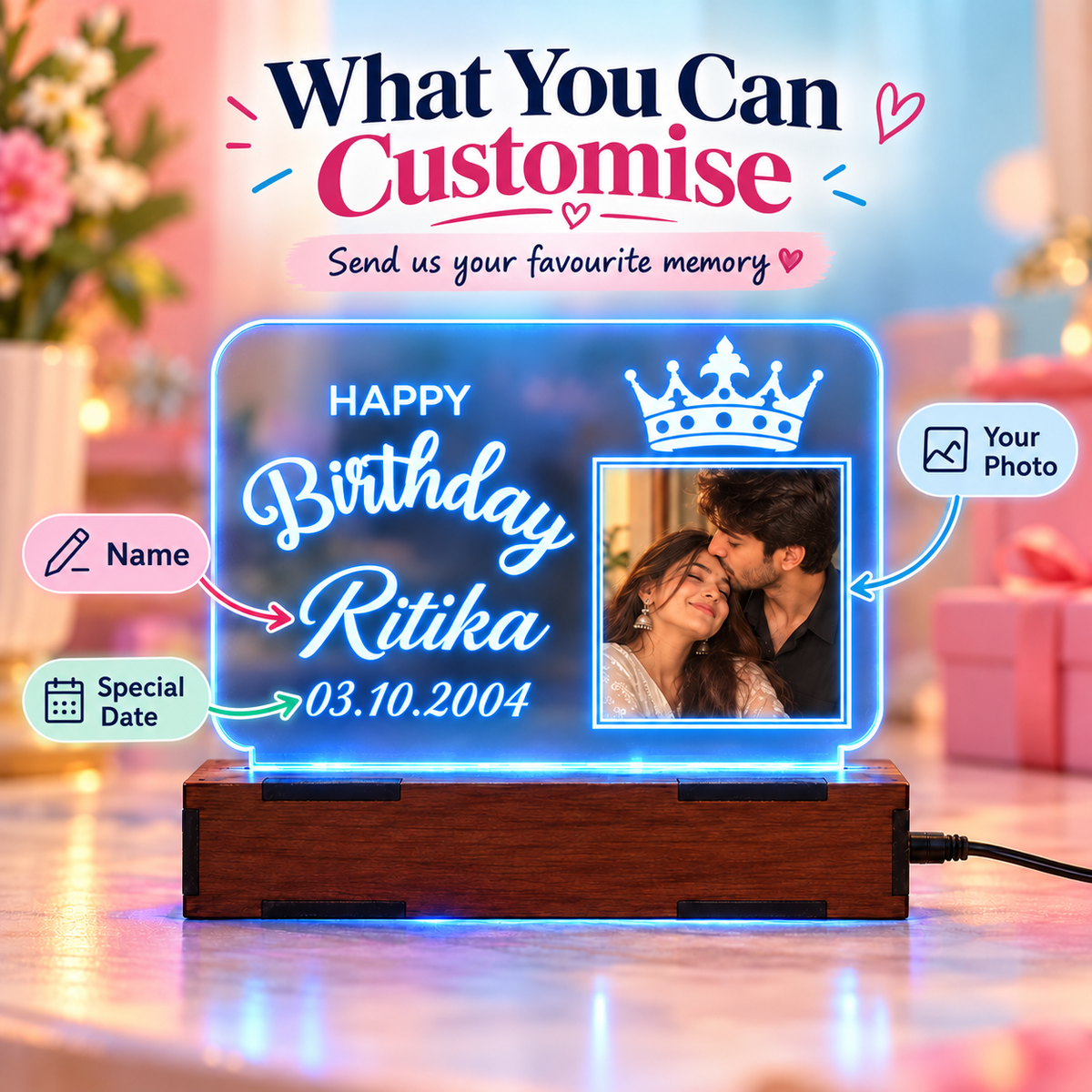 Custom birthday lamp with blue LED glow and personalised photo, name and date