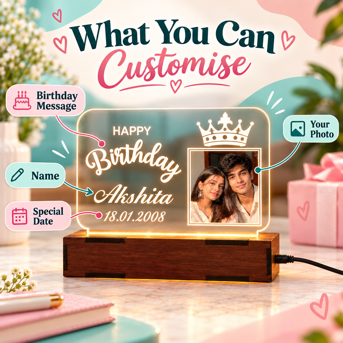 Personalised birthday lamp showing custom photo, name, date and birthday message