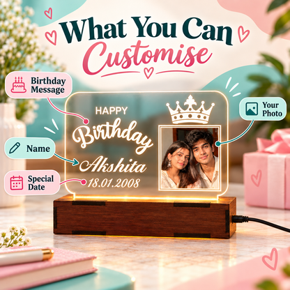 Personalised birthday lamp showing custom photo, name, date and birthday message