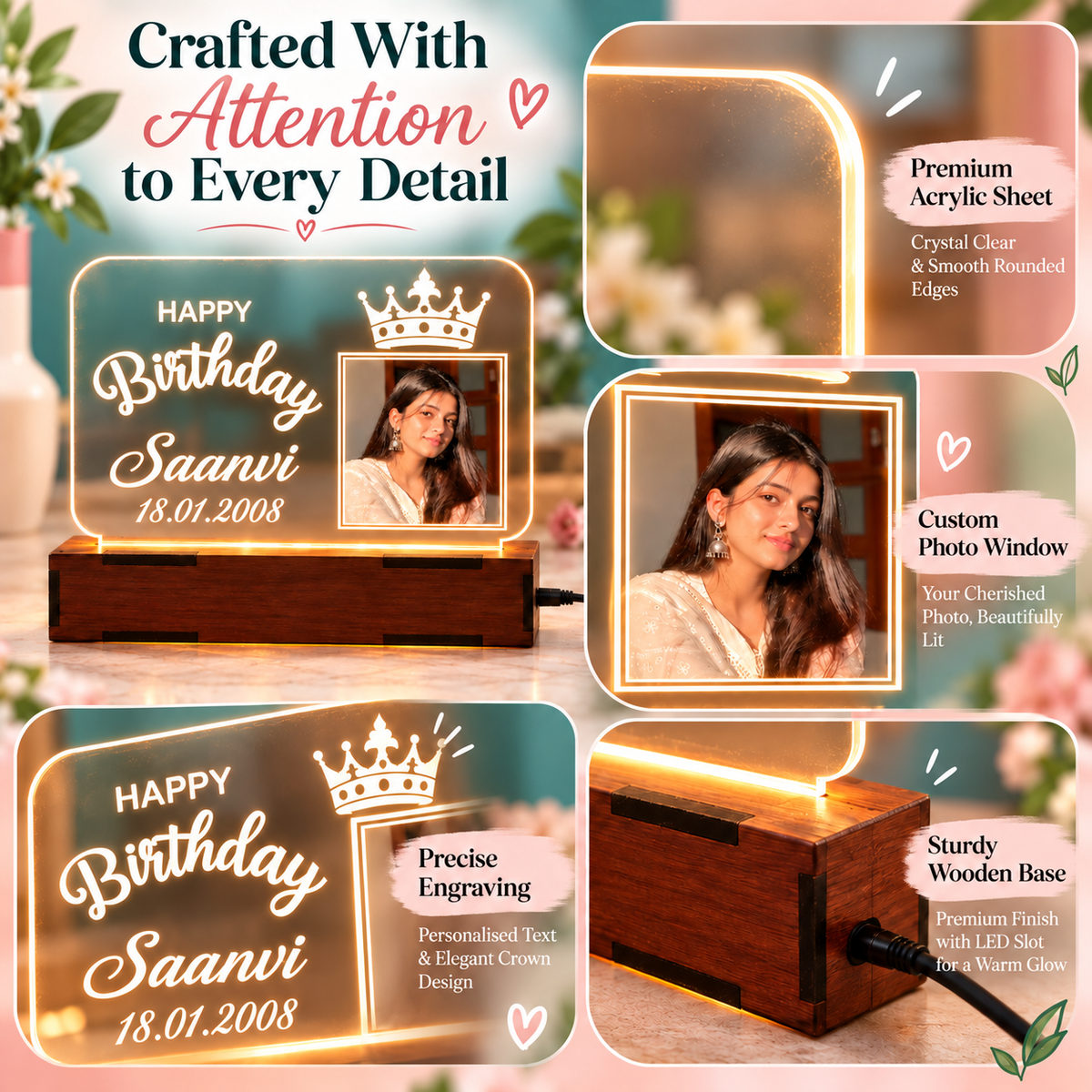 Detail views of acrylic photo panel, engraving and wooden LED base