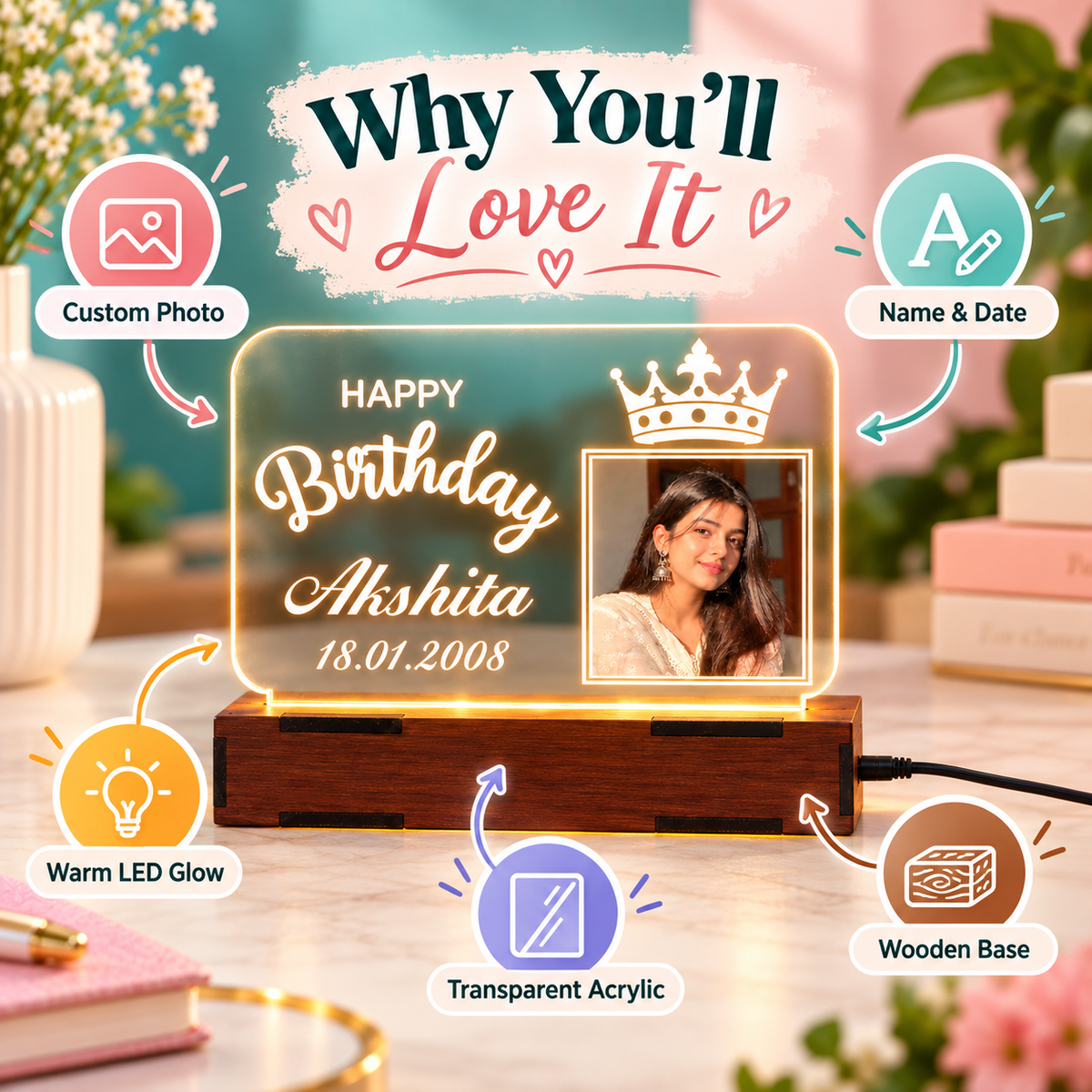 Custom photo and name birthday lamp with warm LED glow and wooden base